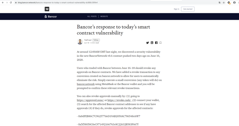 成都链安:技术分析涉及 50 余万美元的 Bancor 智能合约漏洞