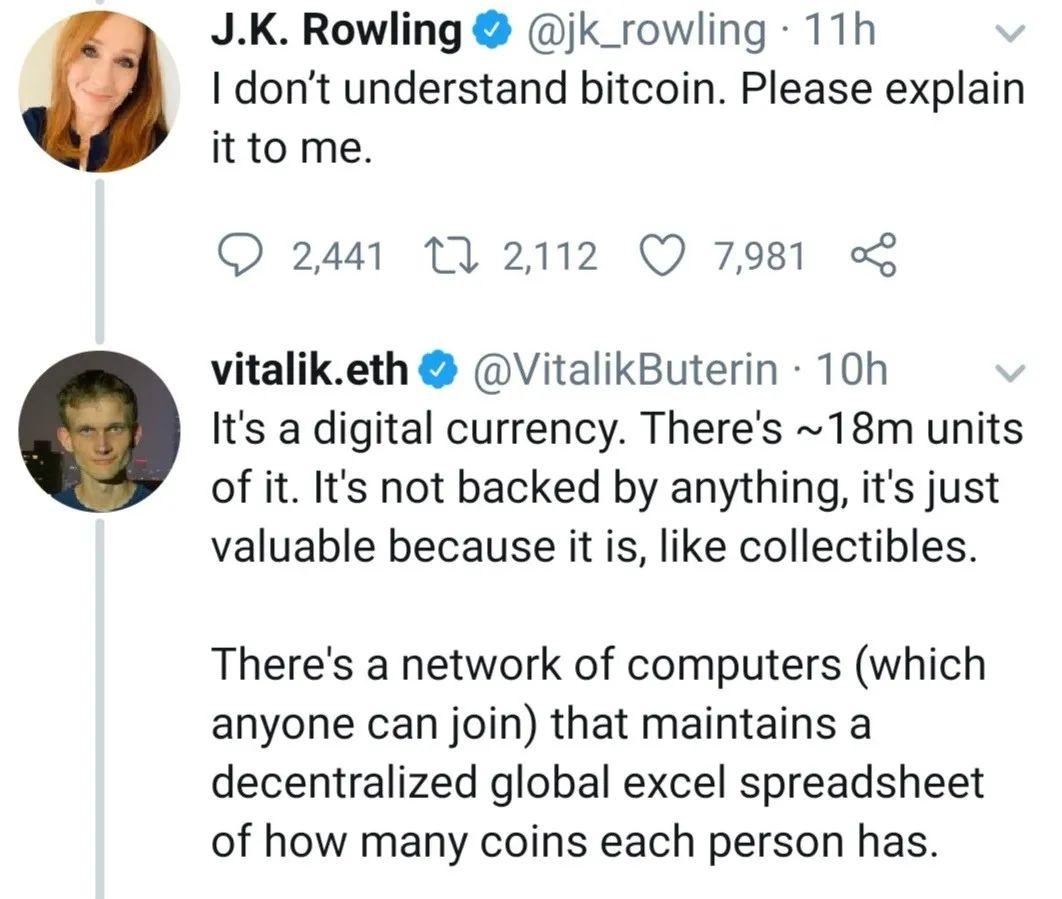 J.K. 罗琳求科普比特币,马斯克等人回应了他们眼中比特币的模样
