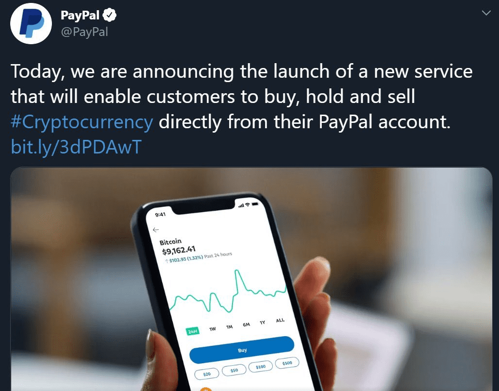 支付巨头PayPal推出加密货币服务,新时代来了