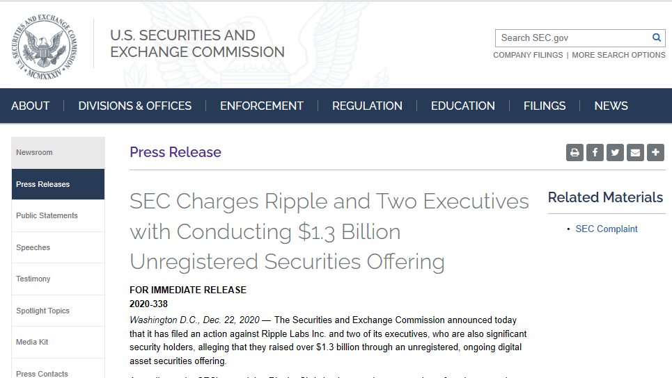 SEC对Ripple提起13亿美元的诉讼,XRP价格日内暴跌23%
