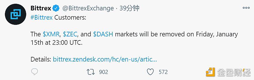 Bittrex将于北京时间1月16日7时下架XMR、ZEC及DASH相关市场