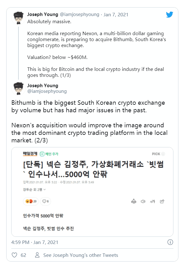 继Korbit和Bitstamp之后,韩国知名游戏公司或五折收购最大交易所Bithumb