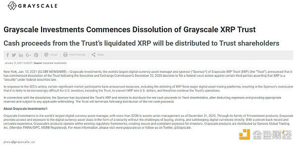 灰度投资:正式解散XRP信托 已清算完XRP