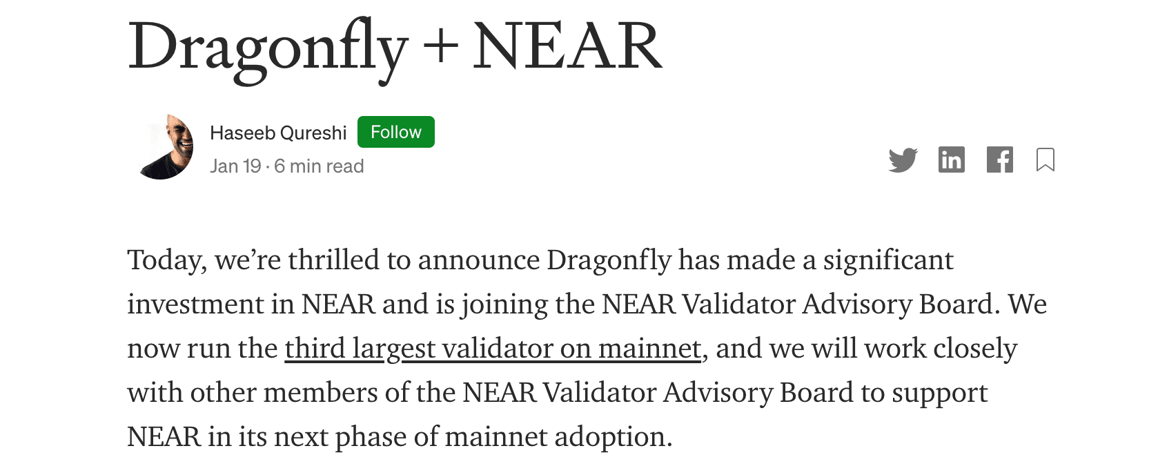 加密风投Dragonfly Capital宣布已投资NEAR,成为主网第三大验证节点