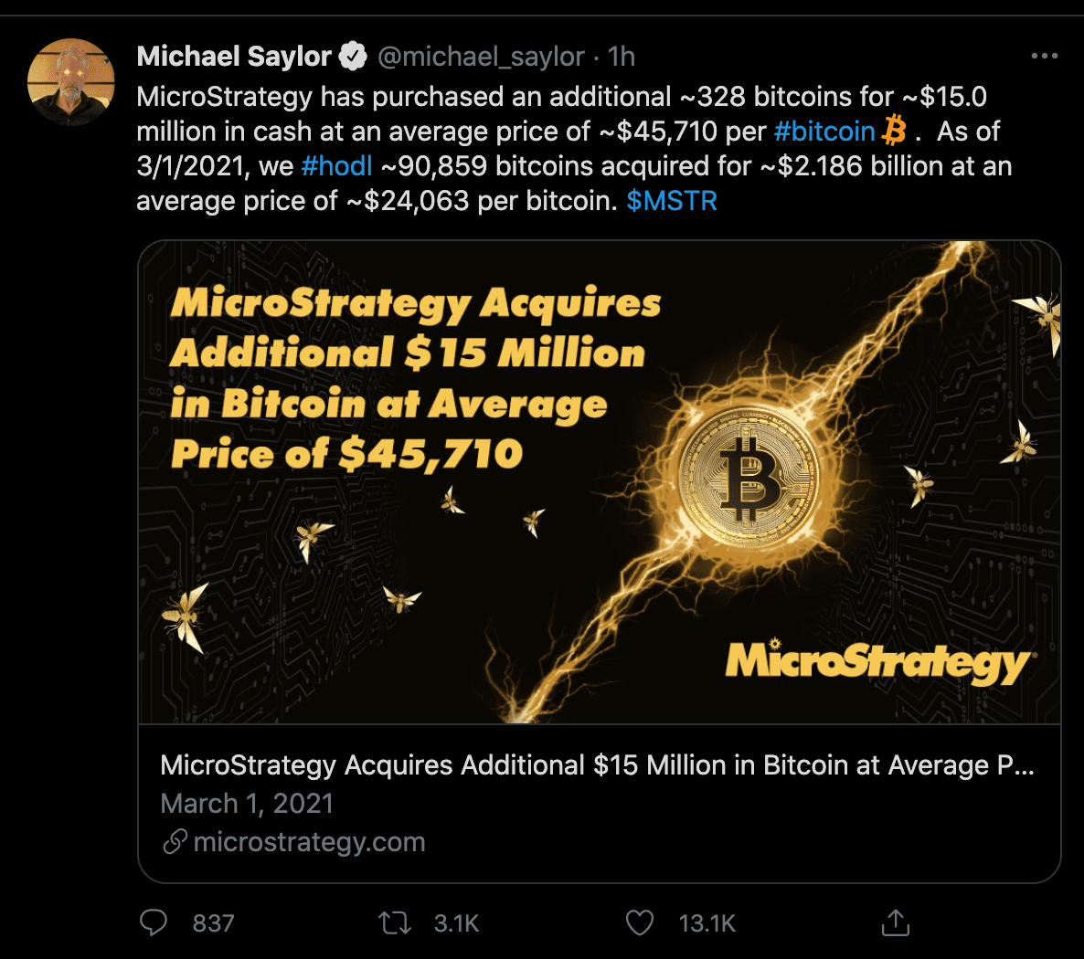 持续买入!MicroStrategy再度买入价值1500万美元的比特币
