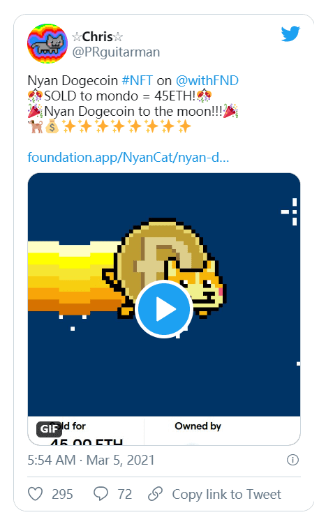 NFT 艺术品 Nyan Dogecoin 以 45 ETH 的高价售出,价值约 6.9 万美元