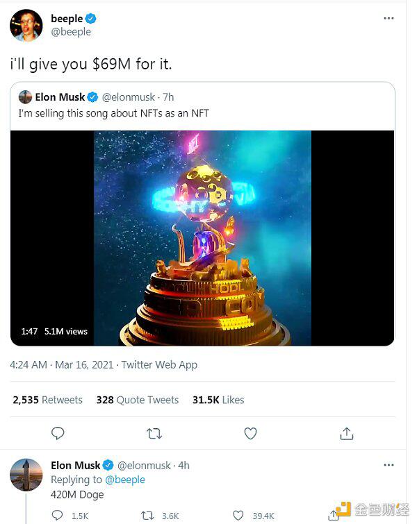 马斯克发布NFT Beeple愿以6900万美元购买