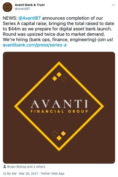 数字资产银行Avanti完成3700万美元A轮融资,Binance.US等参投