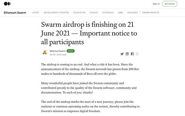 Swarm宣布空投结束 8月2号开始质押挖币