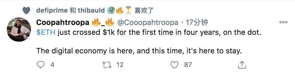 ETH破1000美元,牛疯了!