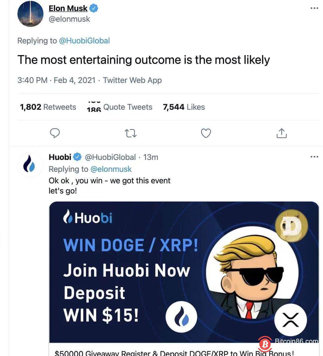 马斯克发推“Doge”狗狗币暴涨80%
