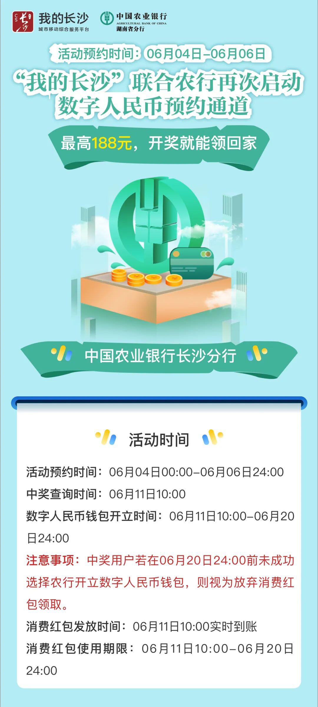 长沙农行再发数字人民币红包!7万份!最高180元!