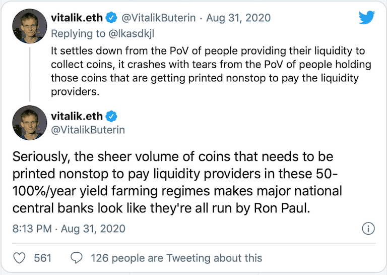 Vitalik Buterin:Yield Farming市场不可持续,自己会完全避开这一领域