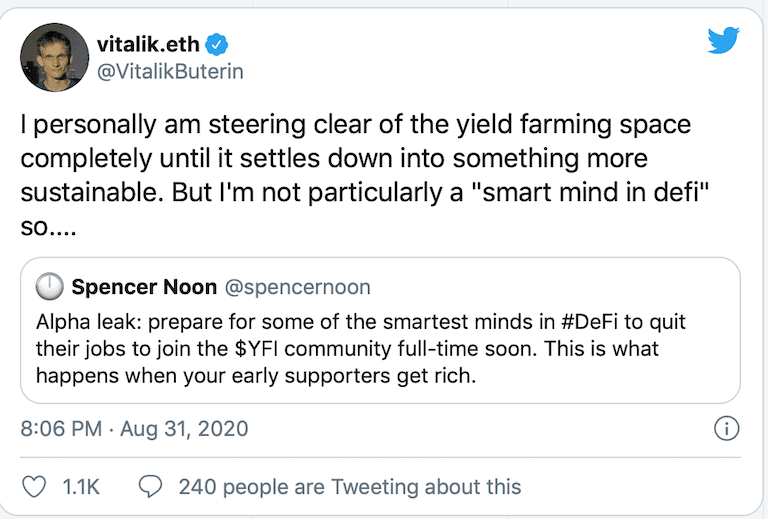 Vitalik Buterin:Yield Farming市场不可持续,自己会完全避开这一领域