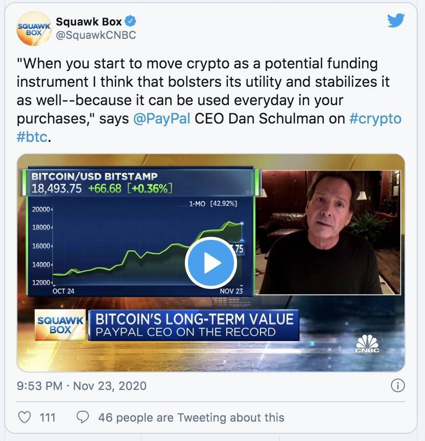 PayPal首席执行官:比特币正向货币靠近