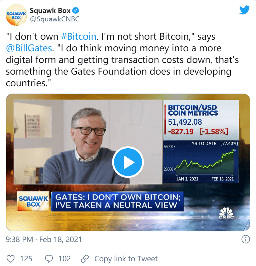 比尔·盖茨:我不拥有比特币,我对比特币态度中立
