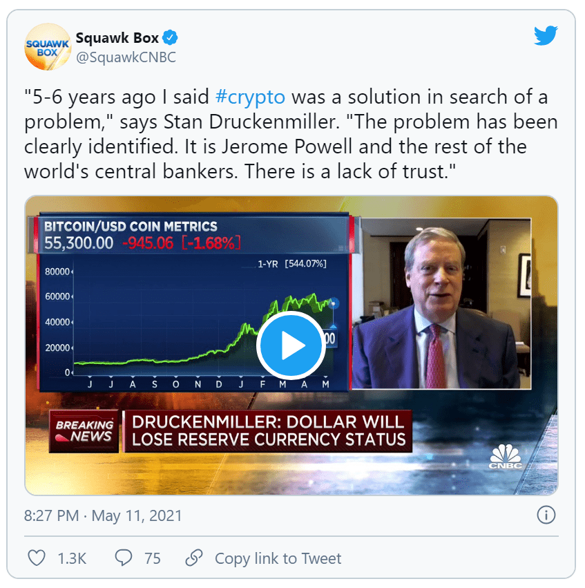 亿万富翁Druckenmiller:基于分类账本的系统可能在全球范围内取代美元