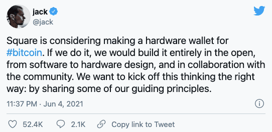 Square CEO:正考虑开发一个新的比特币硬件钱包