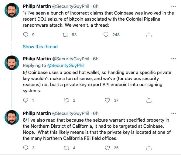 Coinbase安全官Philip Martin澄清:Coinbase并未参与美国司法部扣押比特币