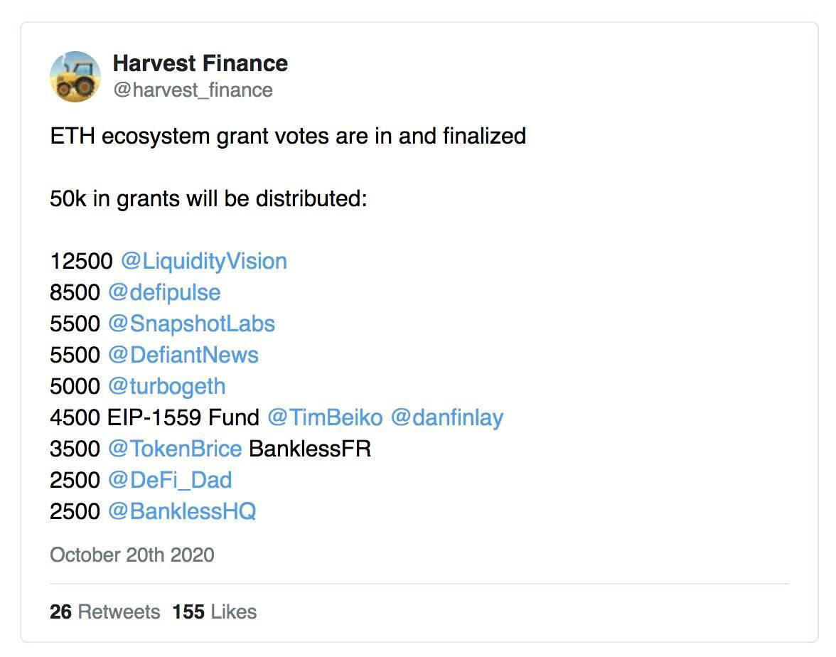 DeFi项目Harvest Finance造成用户损失超2000万美元,知名KOL提醒称项目存在重大风险