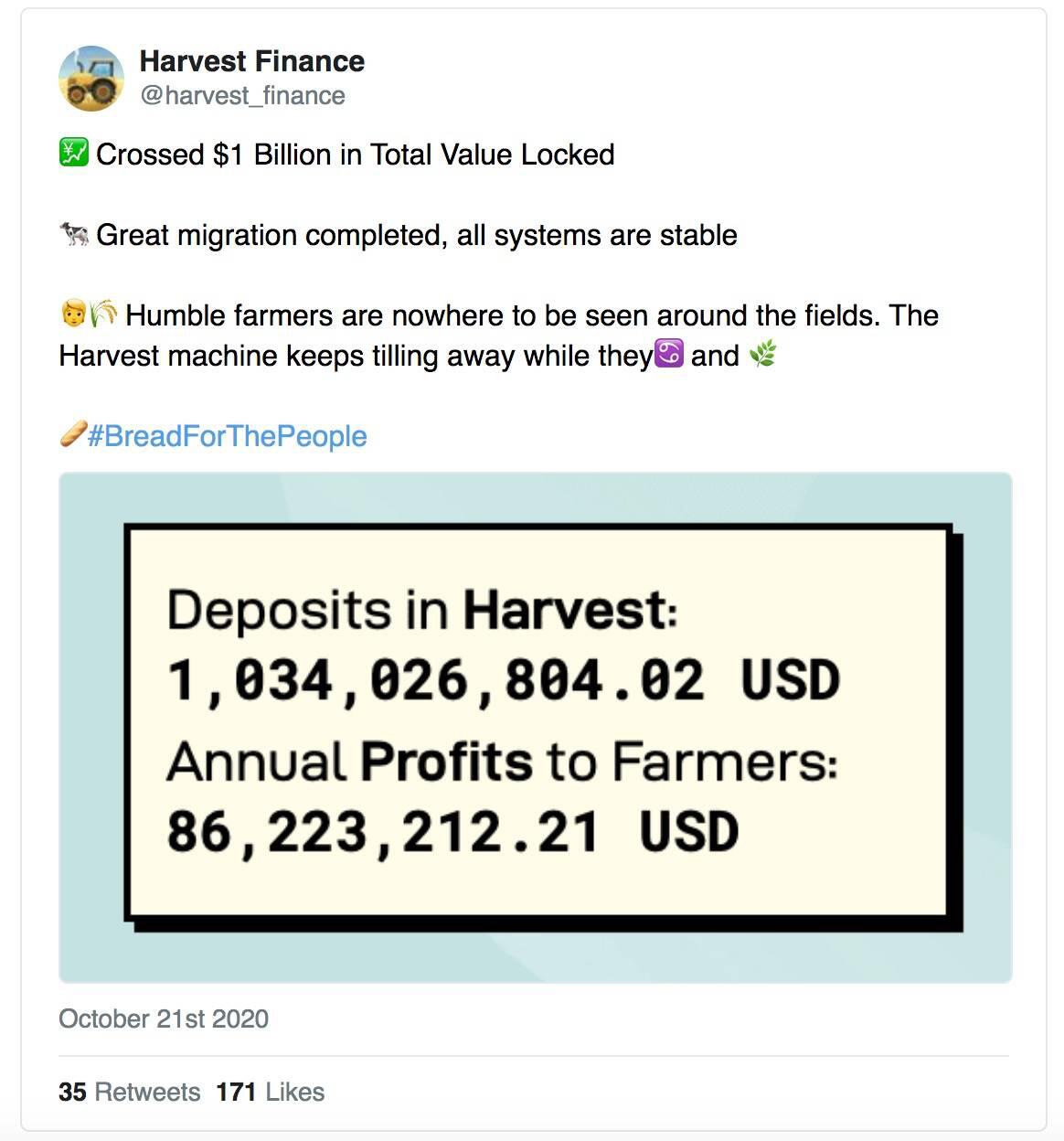 DeFi项目Harvest Finance造成用户损失超2000万美元,知名KOL提醒称项目存在重大风险