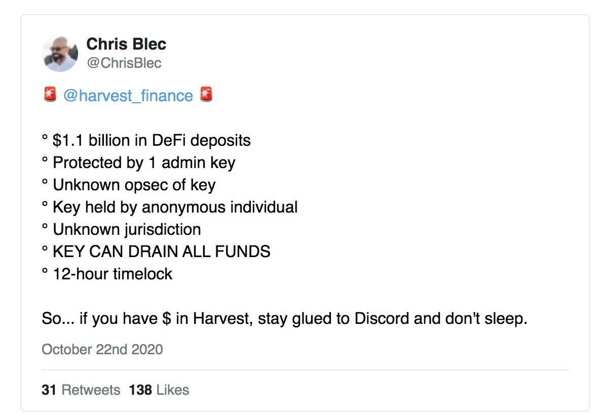 DeFi项目Harvest Finance造成用户损失超2000万美元,知名KOL提醒称项目存在重大风险