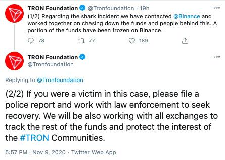 DeFi项目SharkTron跑路,波场联合币安冻结部分资金