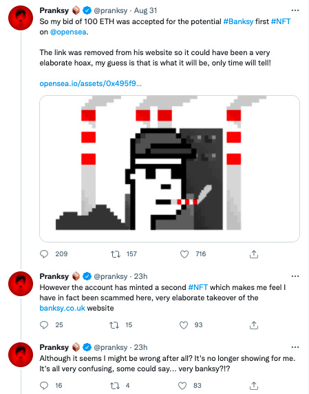 Banksy 管網現虛假 NFT 廣告，收藏大佬 Pranksy 被騙 33.6 萬美元
